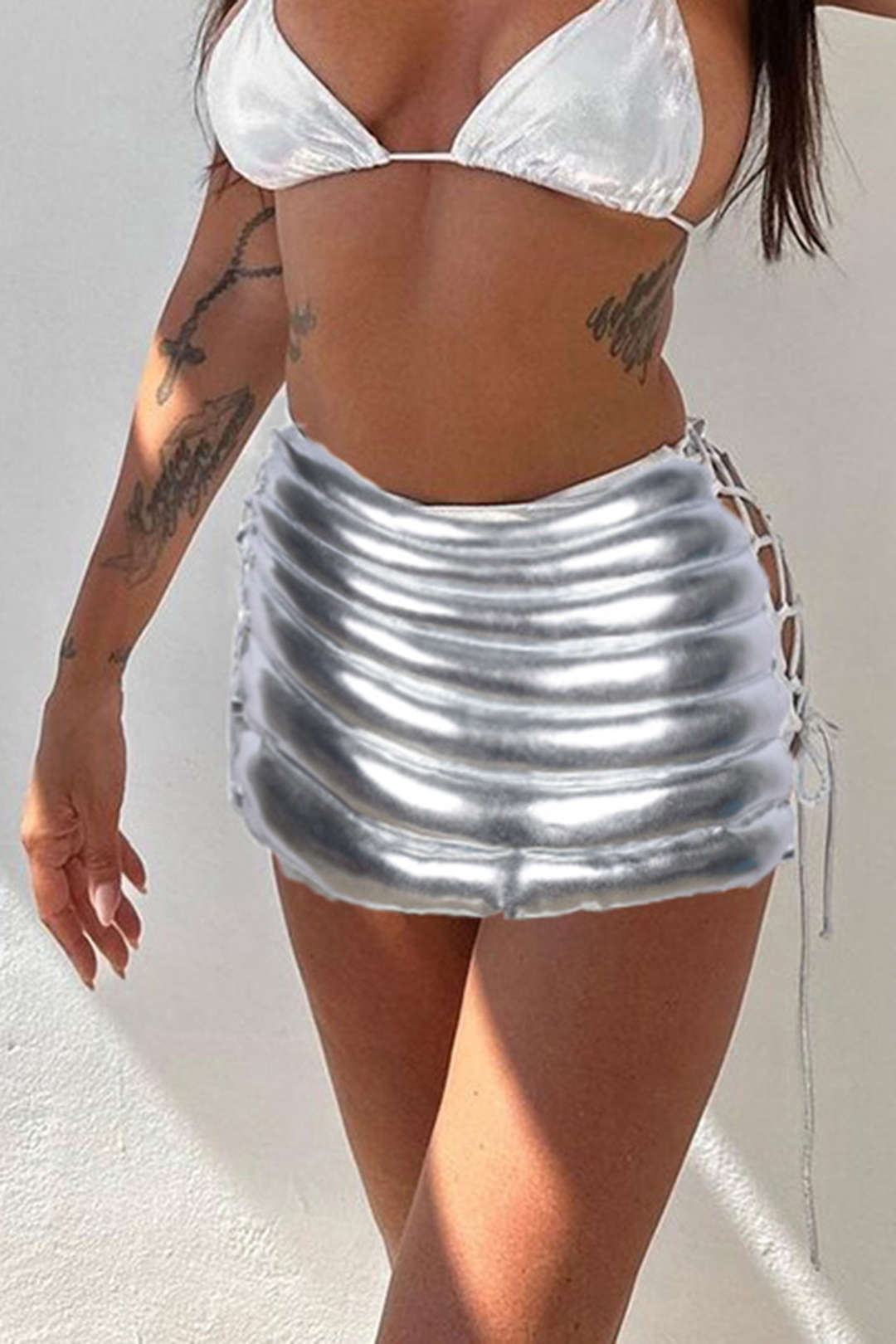 Metallic Y2K Tie Side Mini Skirt - Trendy Grunge Aesthetic for Stylish Outfits Metallic Y2K Tie Side Mini Skirt - Trendy Grunge Aesthetic for Stylish Outfits