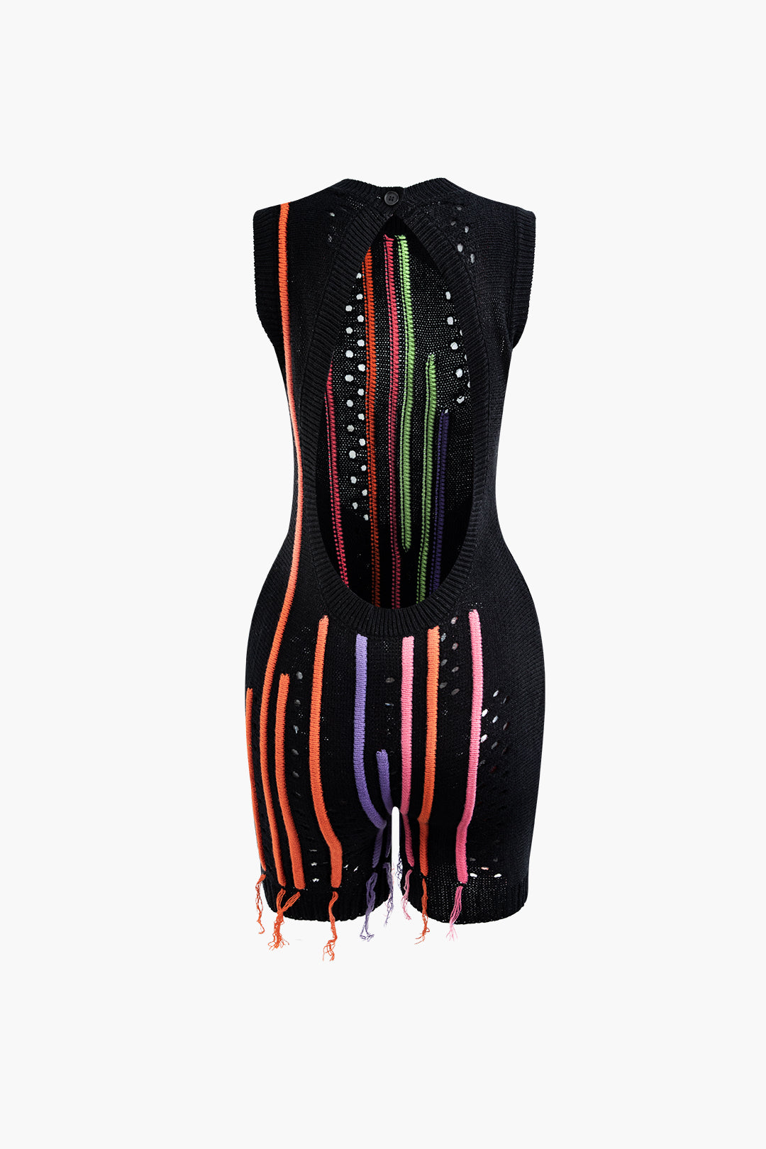 Multicolored Stripe Backless Cut-Out Sleeveless Knit Romper for Y2K Aesthetic Outfits
