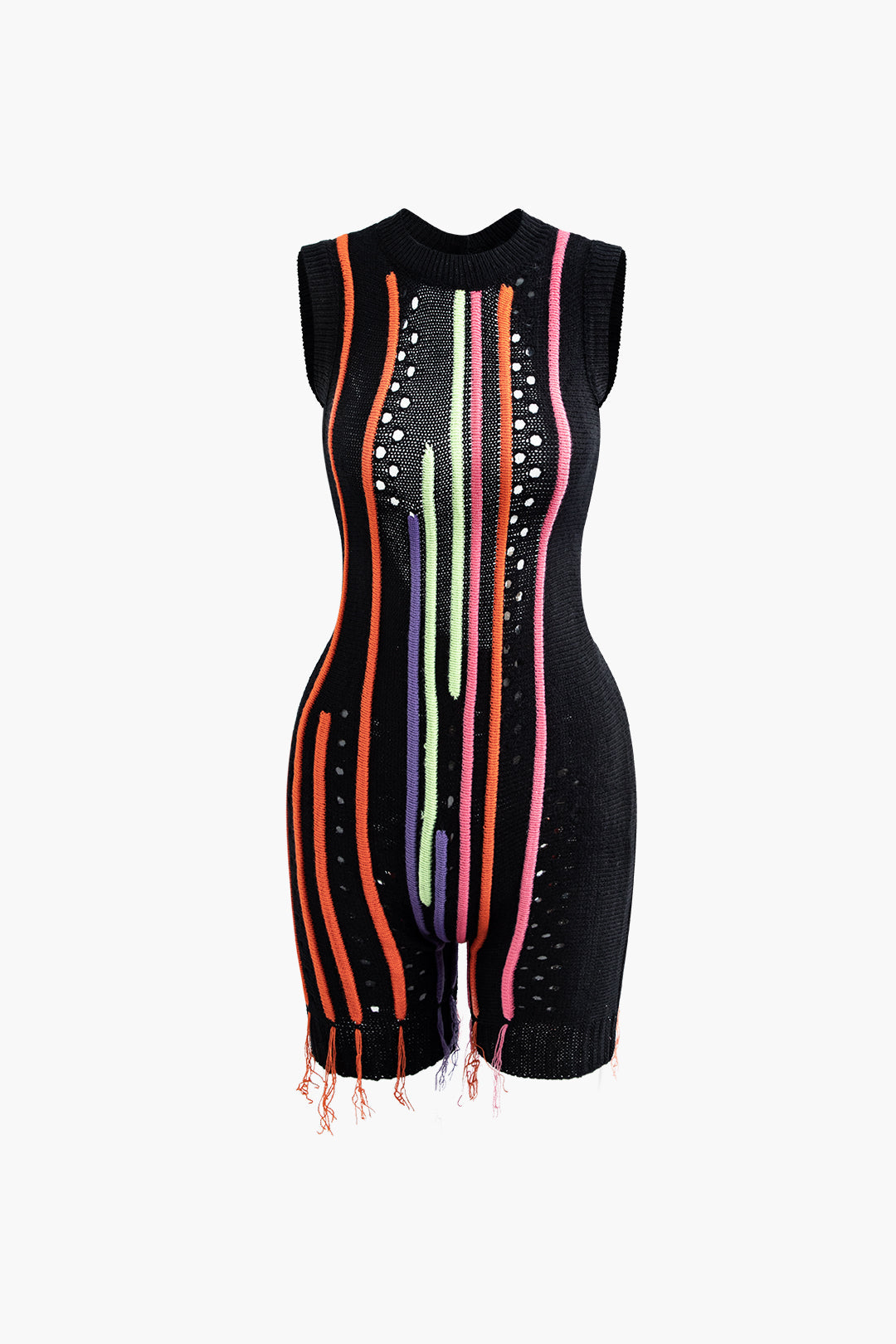 Multicolored Stripe Backless Cut-Out Sleeveless Knit Romper for Y2K Aesthetic Outfits