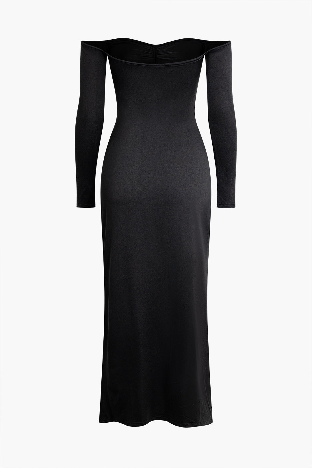 Off Shoulder Ruched Slit Long Sleeve Maxi Dress - Y2K Aesthetic Evening Wear Off Shoulder Ruched Slit Long Sleeve Maxi Dress - Y2K Aesthetic Evening Wear
