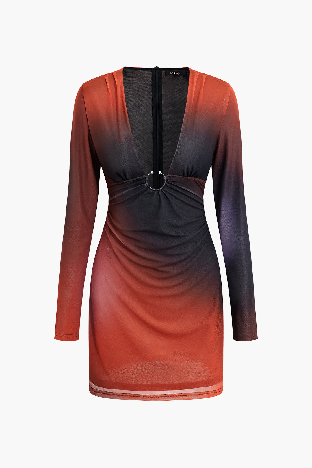 Ombre Mesh Deep V-Neck Long Sleeve Mini Dress - Y2K Aesthetic Party Dress for Trendy Looks Ombre Mesh Deep V-Neck Long Sleeve Mini Dress - Y2K Aesthetic Party Dress for Trendy Looks