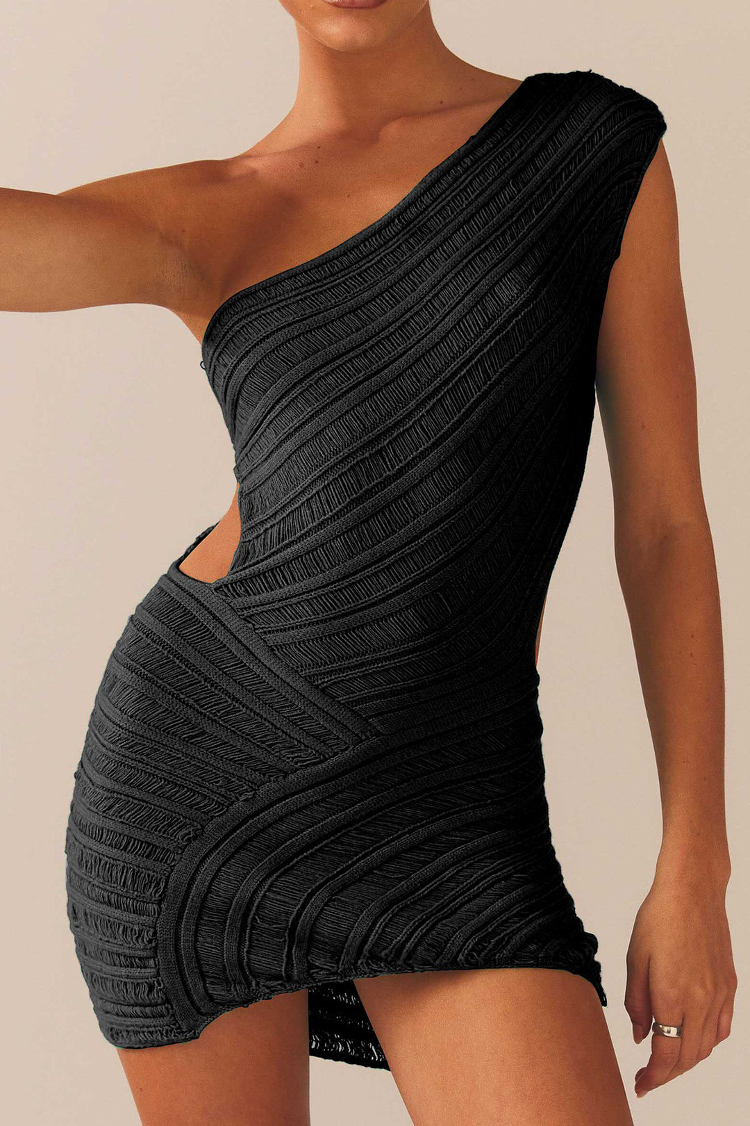 One Shoulder Cut Out Stripe Knit Mini Dress - Y2K Aesthetic Fashion Statement One Shoulder Cut Out Stripe Knit Mini Dress - Y2K Aesthetic Fashion Statement