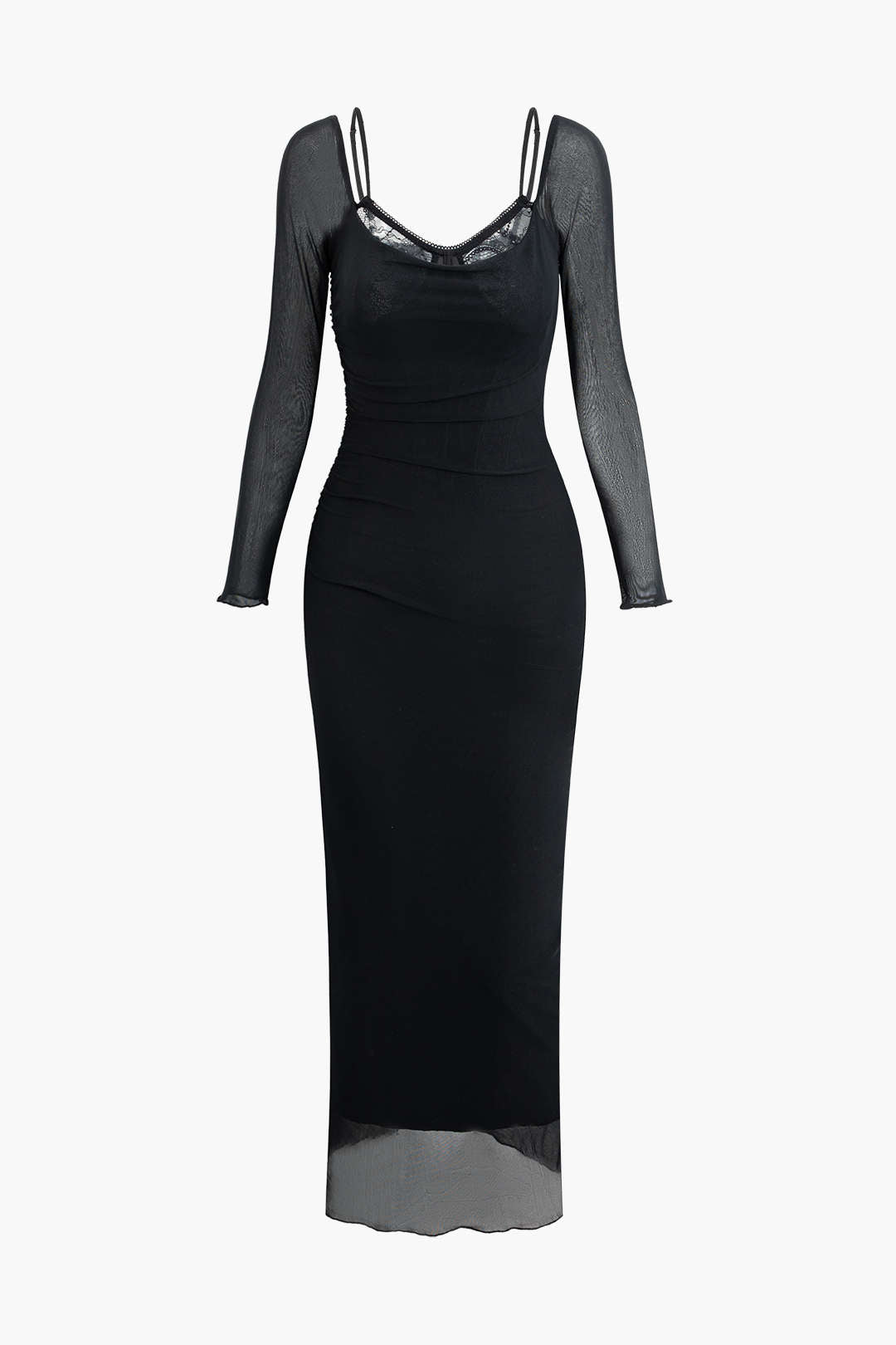 Patchwork Lace Mesh Cold Shoulder Ruched Slit Maxi Dress for Y2K Aesthetic Fashion Lovers