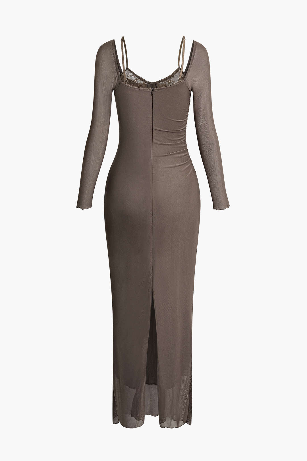 Patchwork Lace Mesh Cold Shoulder Ruched Slit Maxi Dress for Y2K Aesthetic Fashion Lovers Patchwork Lace Mesh Cold Shoulder Ruched Slit Maxi Dress for Y2K Aesthetic Fashion Lovers