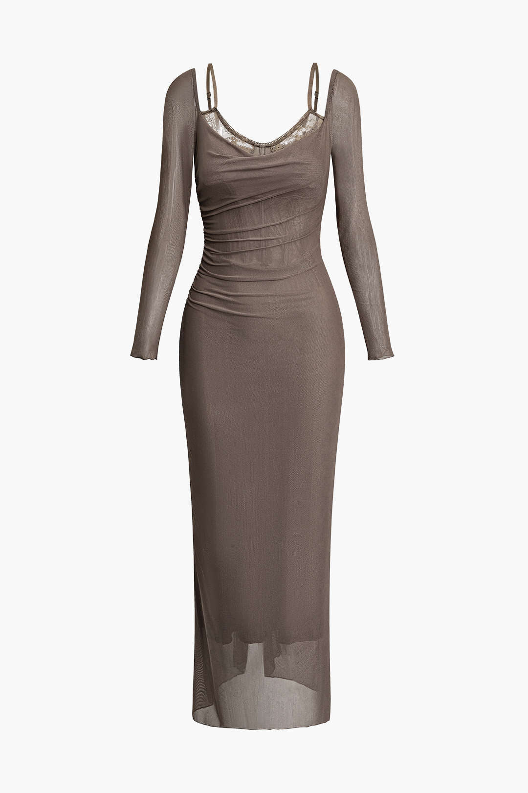 Patchwork Lace Mesh Cold Shoulder Ruched Slit Maxi Dress for Y2K Aesthetic Fashion Lovers Patchwork Lace Mesh Cold Shoulder Ruched Slit Maxi Dress for Y2K Aesthetic Fashion Lovers