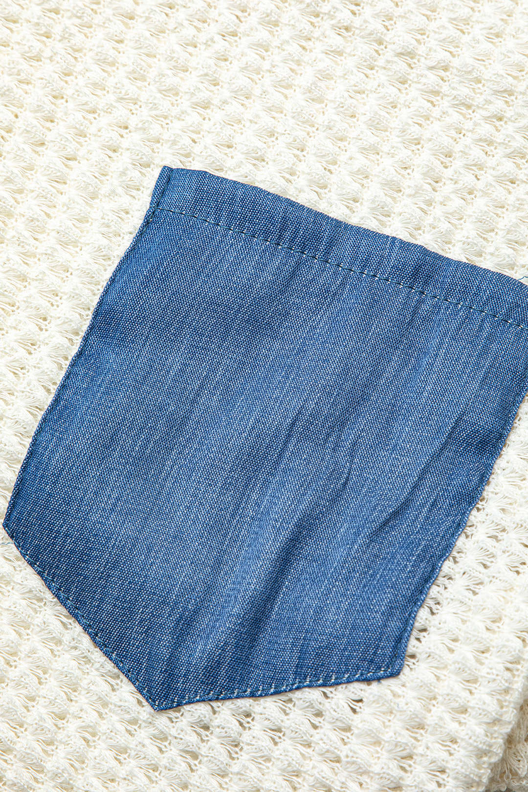 Patchwork Open Knit Round Neck Top with Chest Pocket & Matching Mini Skirt Set Patchwork Open Knit Round Neck Top with Chest Pocket & Matching Mini Skirt Set