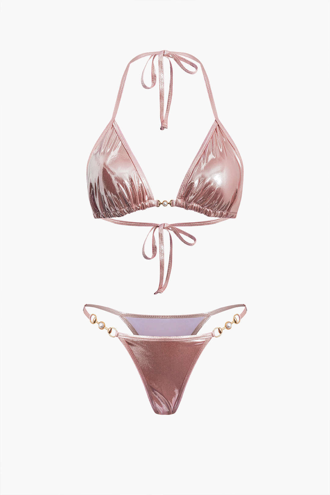 Pearl Detail Tie Halter Bikini Set - Y2K Aesthetic Swimwear for Trendy Summer Vibes Pearl Detail Tie Halter Bikini Set - Y2K Aesthetic Swimwear for Trendy Summer Vibes