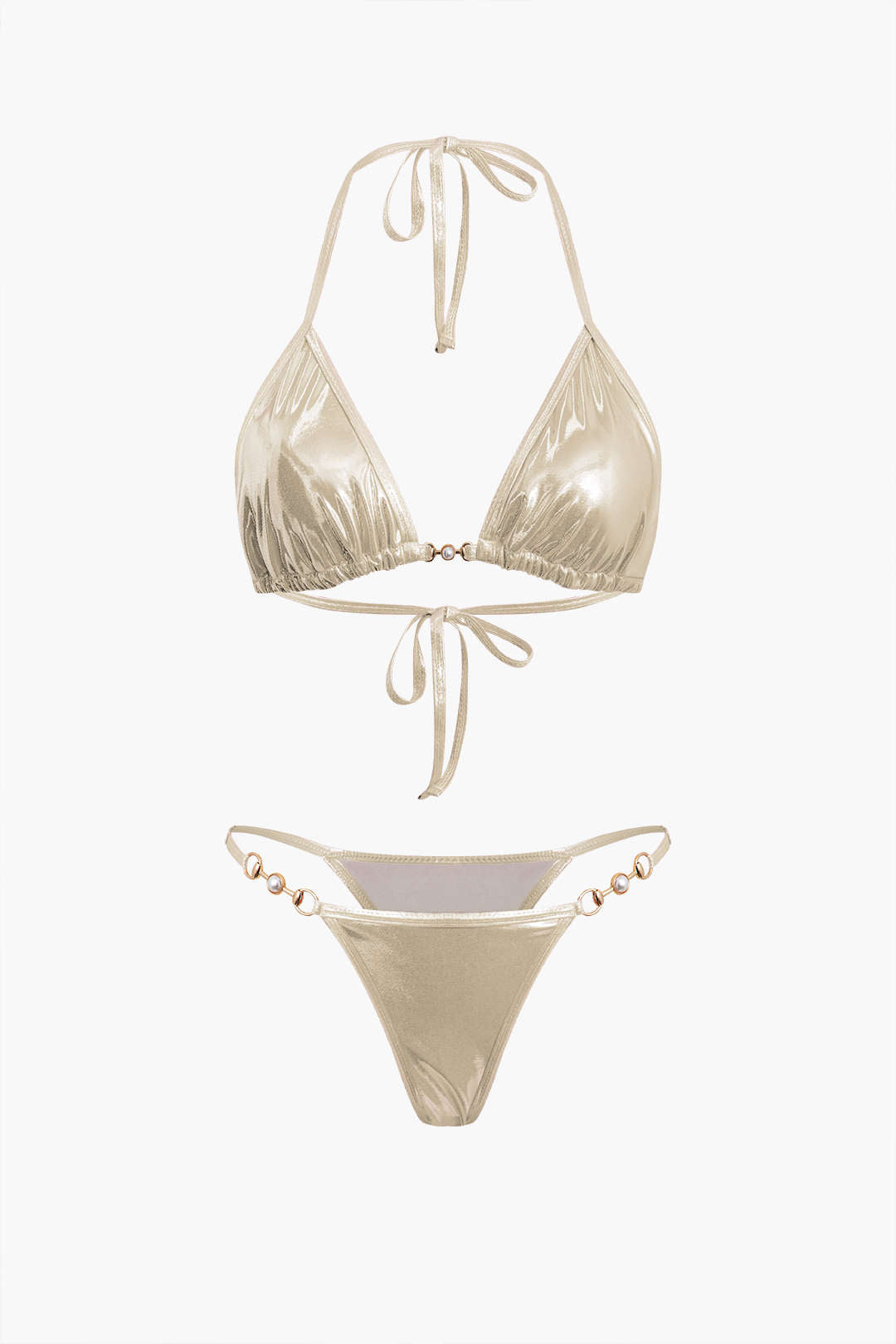 Pearl Detail Tie Halter Bikini Set - Y2K Aesthetic Swimwear for Trendy Summer Vibes Pearl Detail Tie Halter Bikini Set - Y2K Aesthetic Swimwear for Trendy Summer Vibes