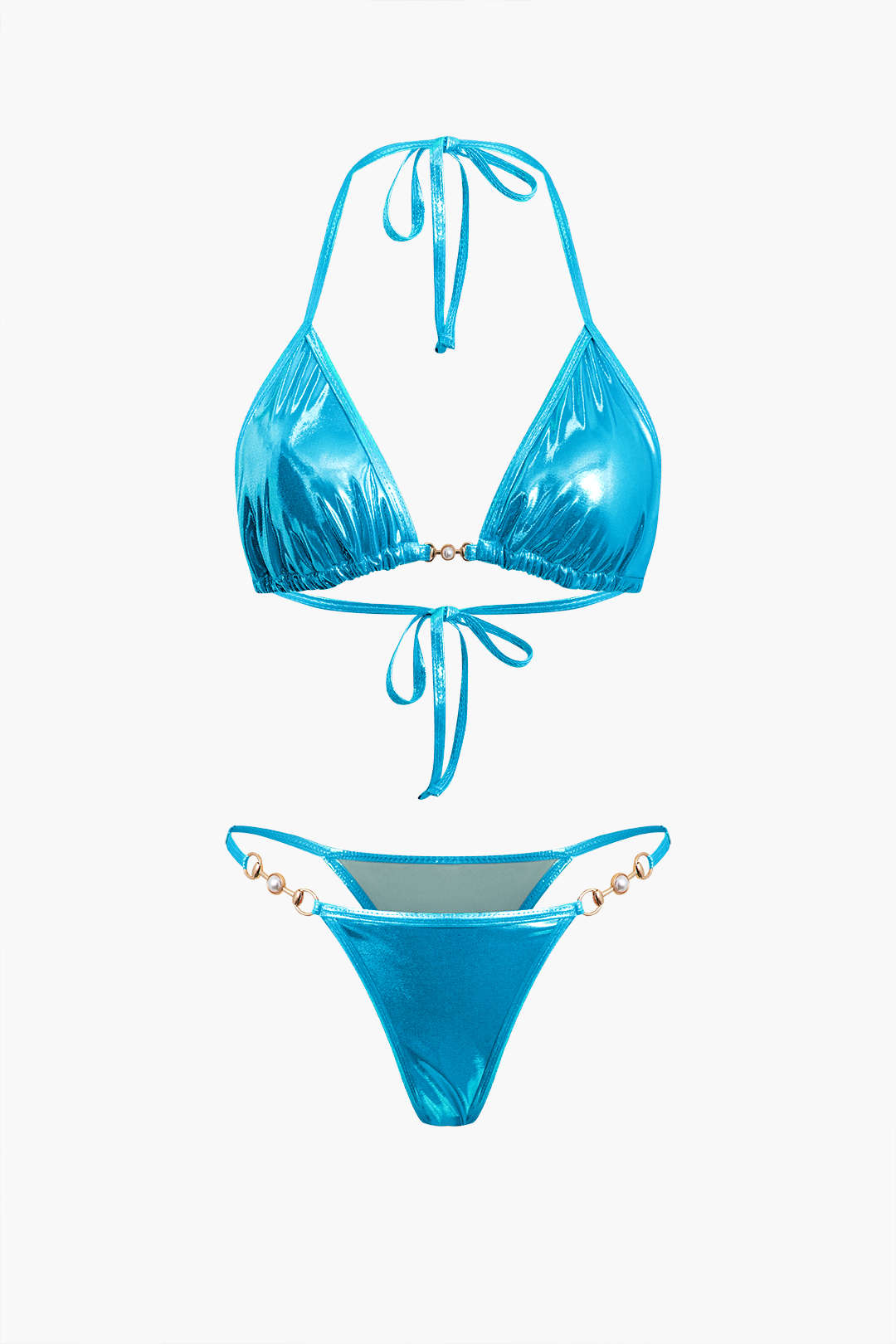 Pearl Detail Tie Halter Bikini Set - Y2K Aesthetic Swimwear for Trendy Summer Vibes Pearl Detail Tie Halter Bikini Set - Y2K Aesthetic Swimwear for Trendy Summer Vibes