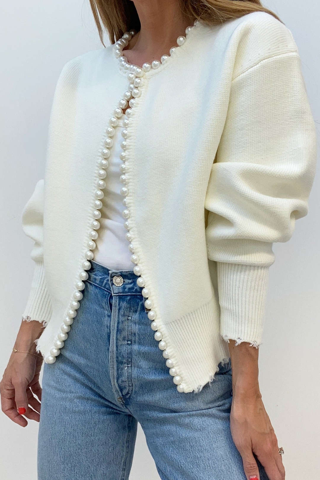 Pearl Trim Long Sleeve Knit Cardigan - Y2K Aesthetic Cozy Layering Essential