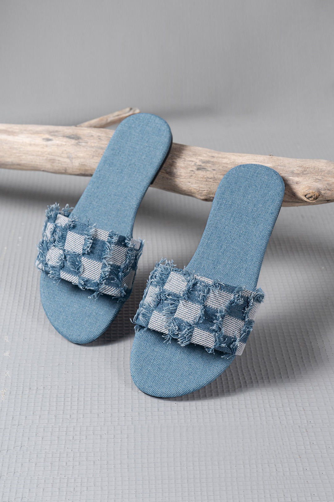 Plaid Frayed Denim Slippers for Cozy Y2K Aesthetic and Comfy Grunge Style