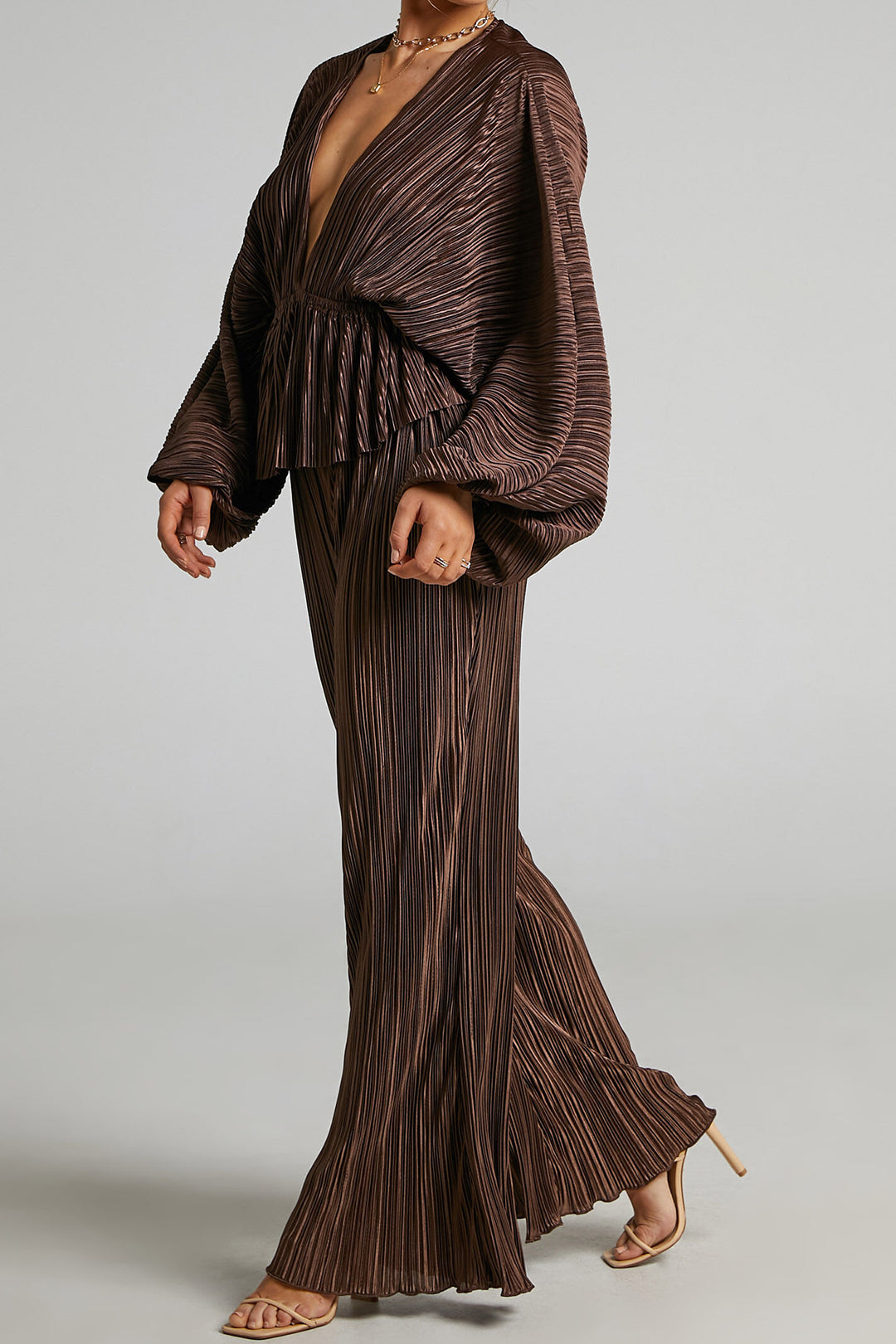 Plisse Deep V-Neck Balloon Sleeve Blouse & Straight Leg Pants Set for Y2K Aesthetic Outfits Plisse Deep V-Neck Balloon Sleeve Blouse & Straight Leg Pants Set for Y2K Aesthetic Outfits