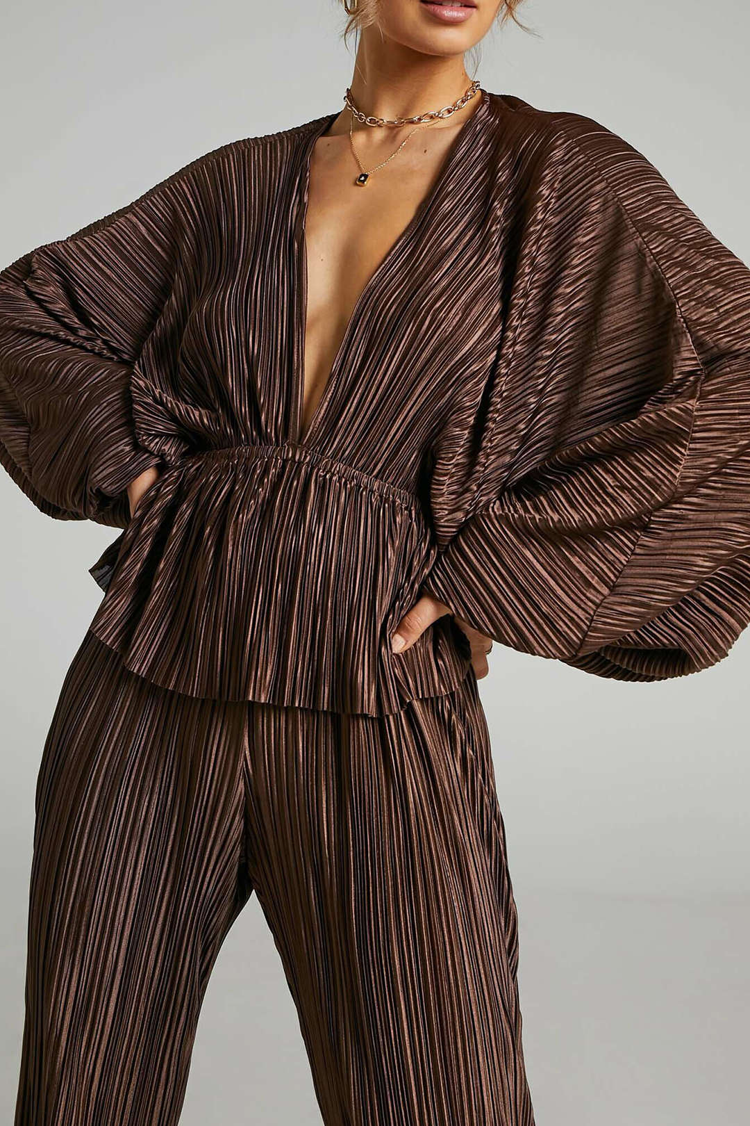 Plisse Deep V-Neck Balloon Sleeve Blouse & Straight Leg Pants Set for Y2K Aesthetic Outfits Plisse Deep V-Neck Balloon Sleeve Blouse & Straight Leg Pants Set for Y2K Aesthetic Outfits