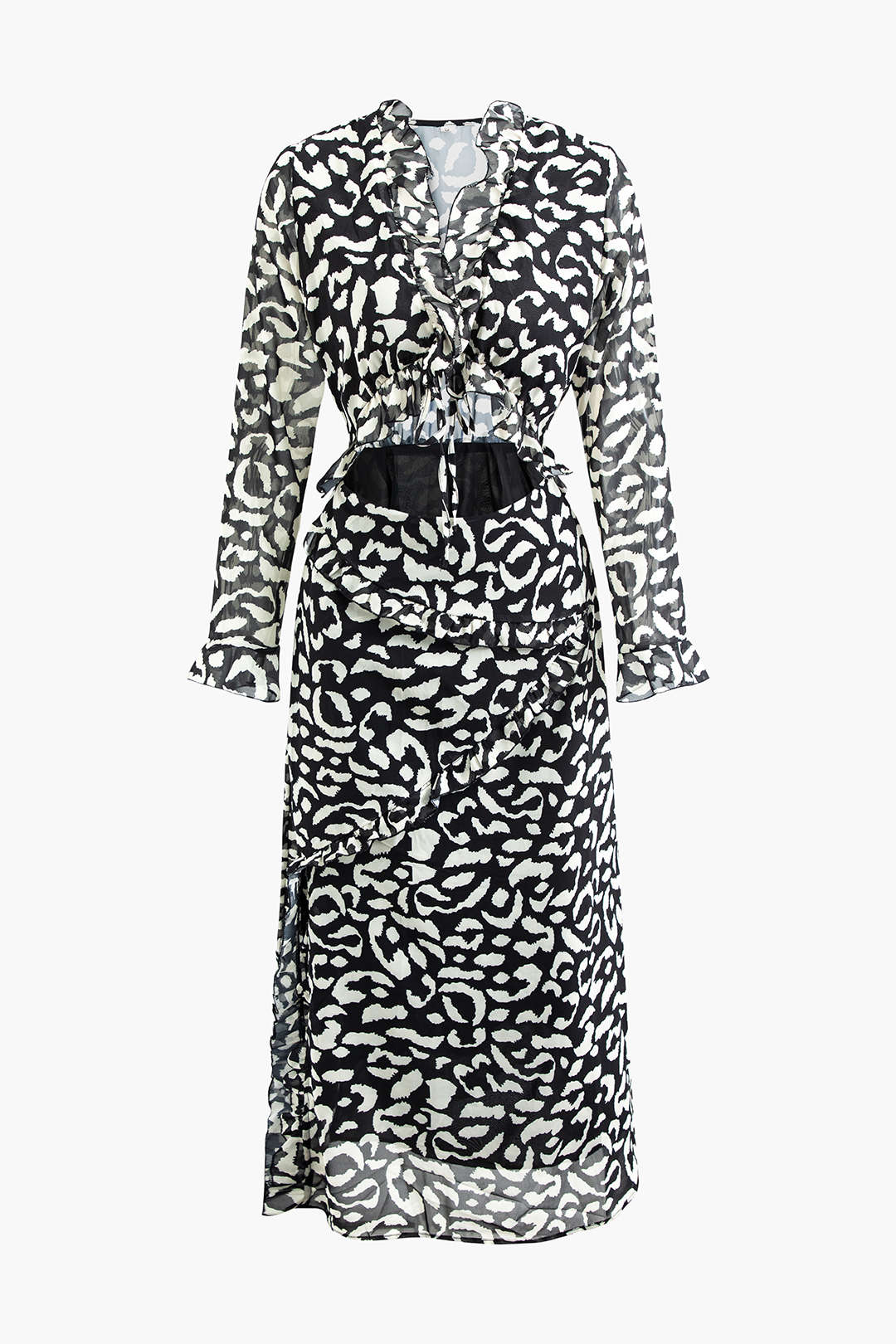 Printed V-Neck Tie Front Cut-Out Slit Midi Dress for Y2K Aesthetic Fashion Lovers Printed V-Neck Tie Front Cut-Out Slit Midi Dress for Y2K Aesthetic Fashion Lovers