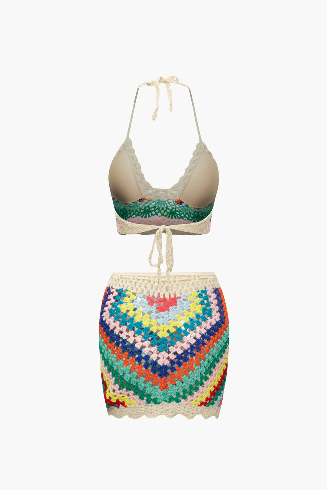 Rainbow Crochet Halter Bikini and Skirt 3-Piece Set for Y2K Aesthetic Summer Vibes Rainbow Crochet Halter Bikini and Skirt 3-Piece Set for Y2K Aesthetic Summer Vibes
