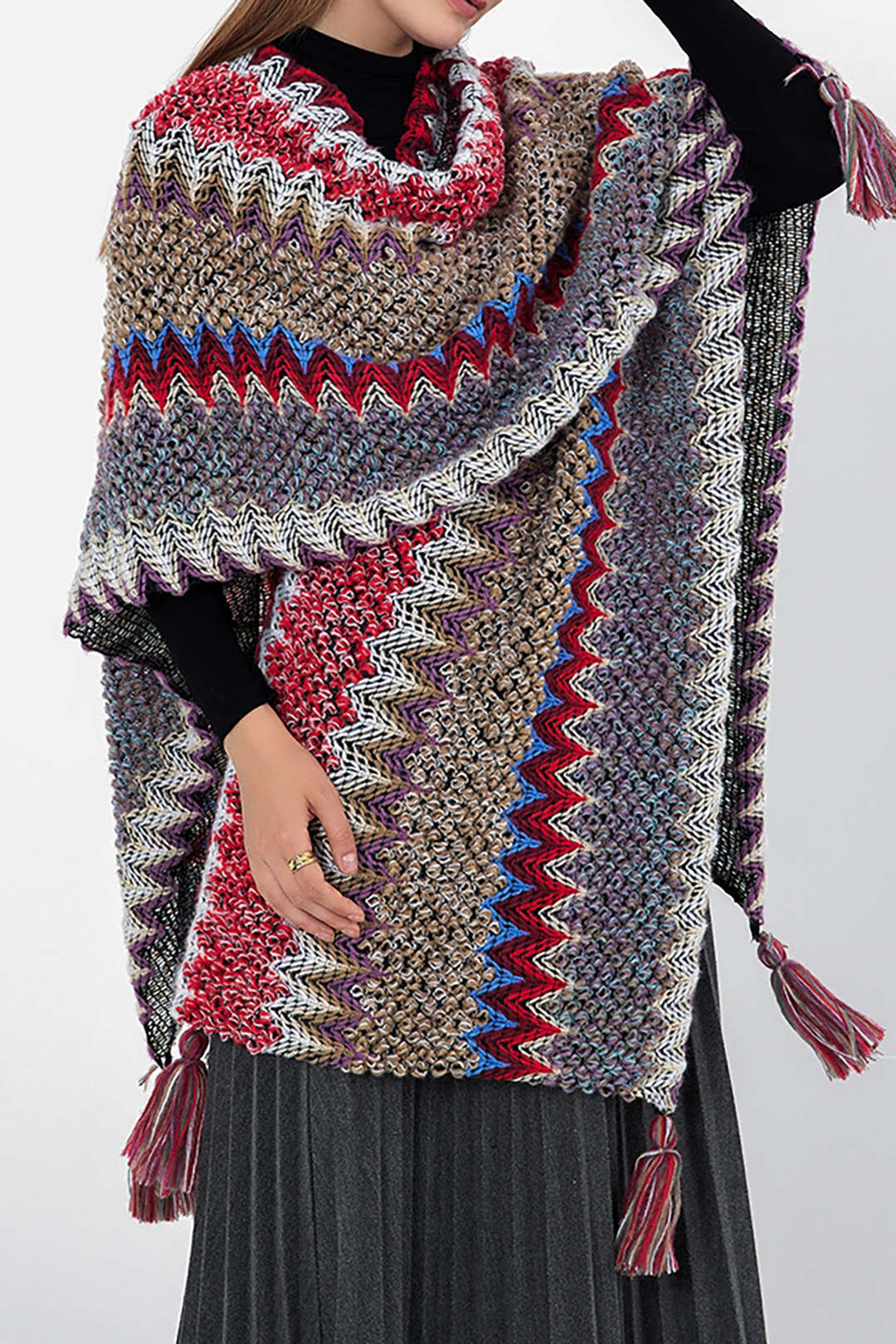 Retro Stripe Tassel Cape - Y2K Aesthetic Outerwear for Coquette and Grunge Styles