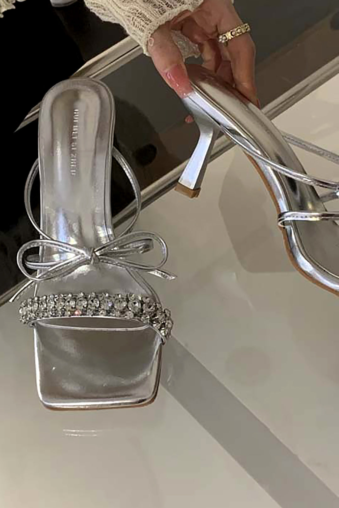 Rhinestone Bow Tie Mid-Heeled Sandals for Y2K Fashion and Coquette Aesthetic Outfits