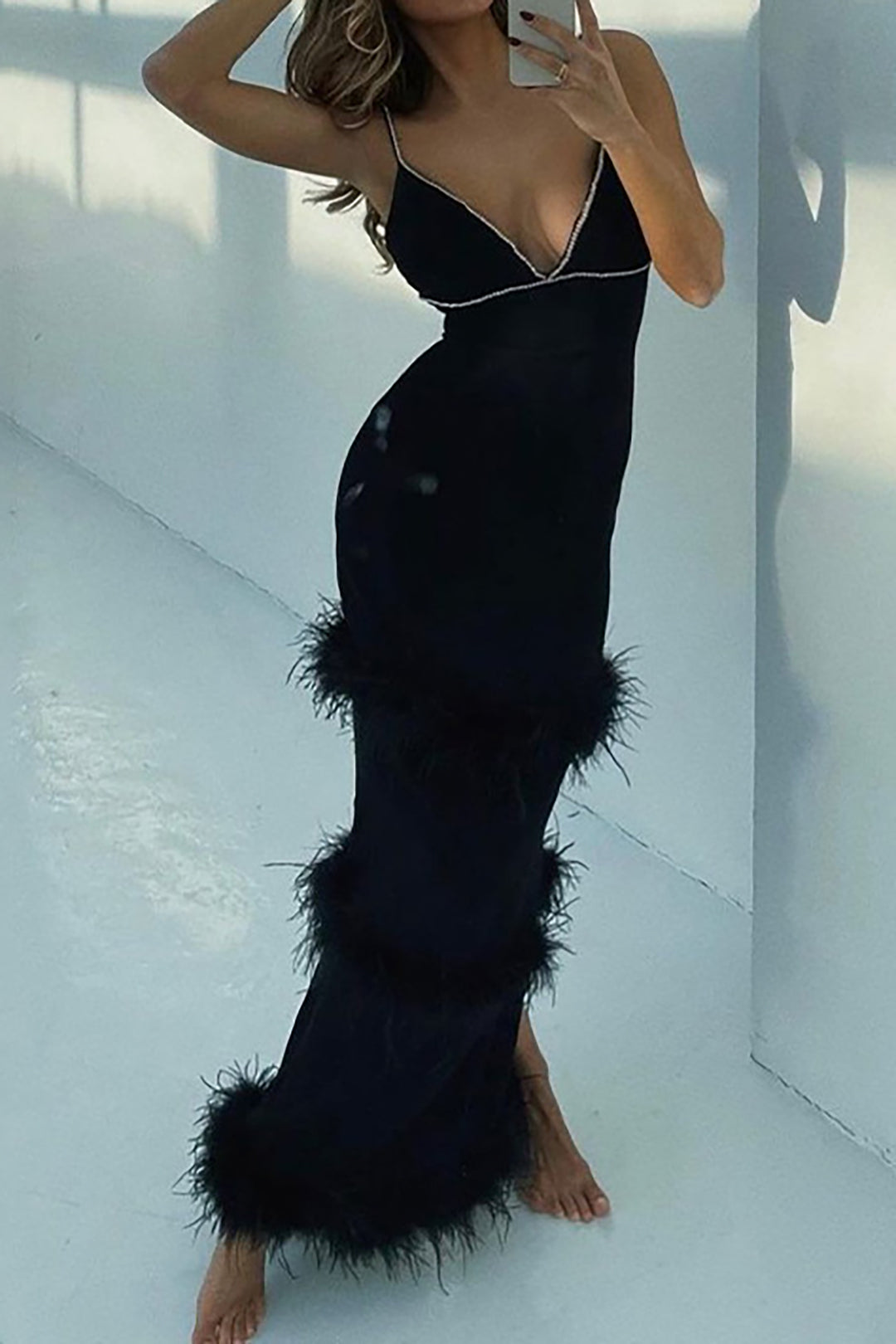 Rhinestone Feather Detail Backless V-neck Maxi Dress for Y2K Fashion Lovers Rhinestone Feather Detail Backless V-neck Maxi Dress for Y2K Fashion Lovers