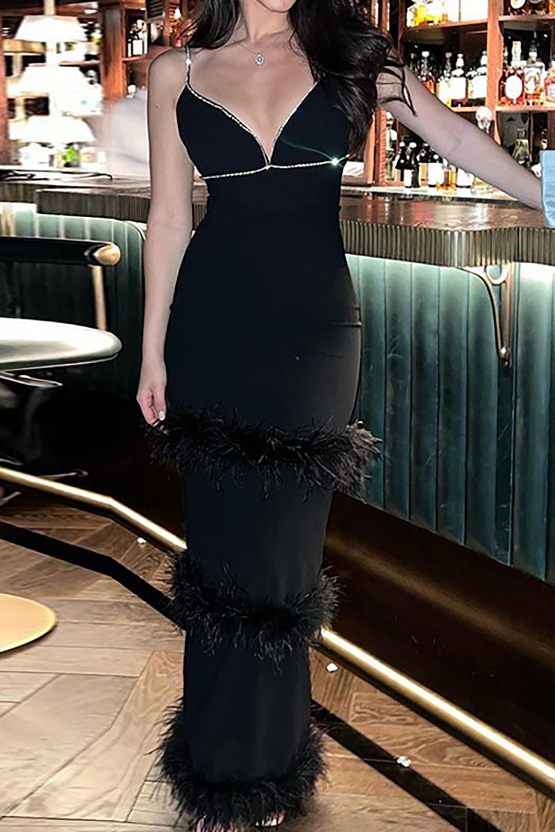 Rhinestone Feather Detail Backless V-neck Maxi Dress for Y2K Fashion Lovers Rhinestone Feather Detail Backless V-neck Maxi Dress for Y2K Fashion Lovers