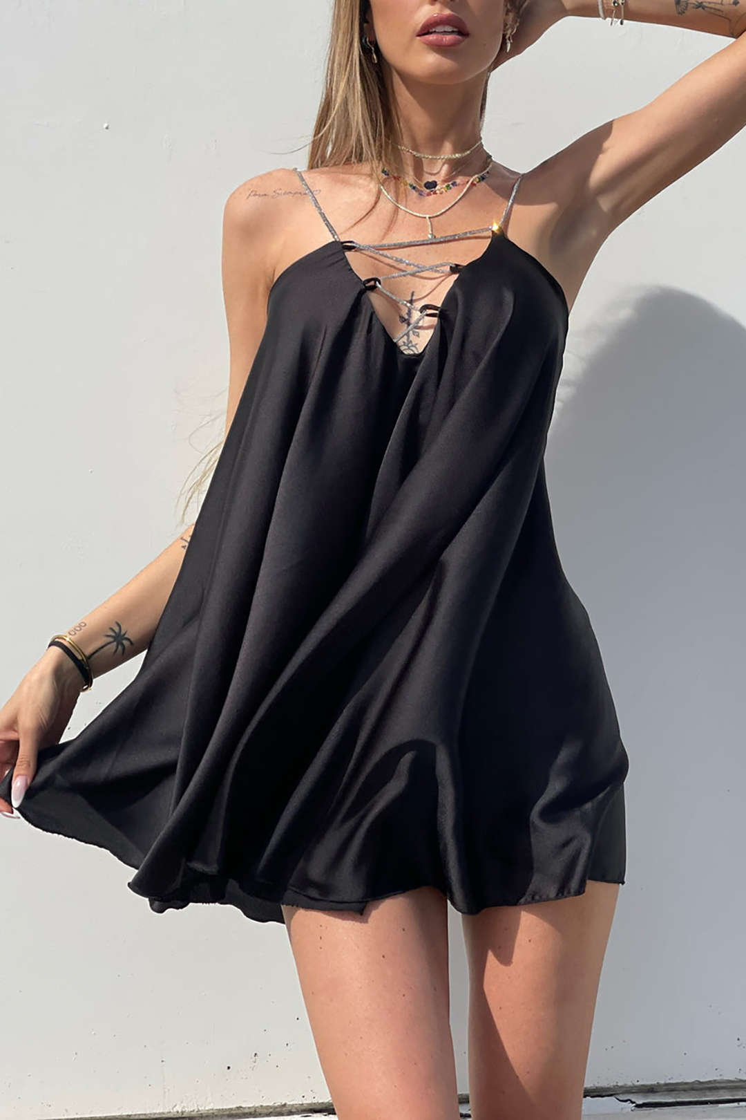 Rhinestone Strap V-neck Backless Mini Dress for Y2K Fashion and Coquette Aesthetic Rhinestone Strap V-neck Backless Mini Dress for Y2K Fashion and Coquette Aesthetic