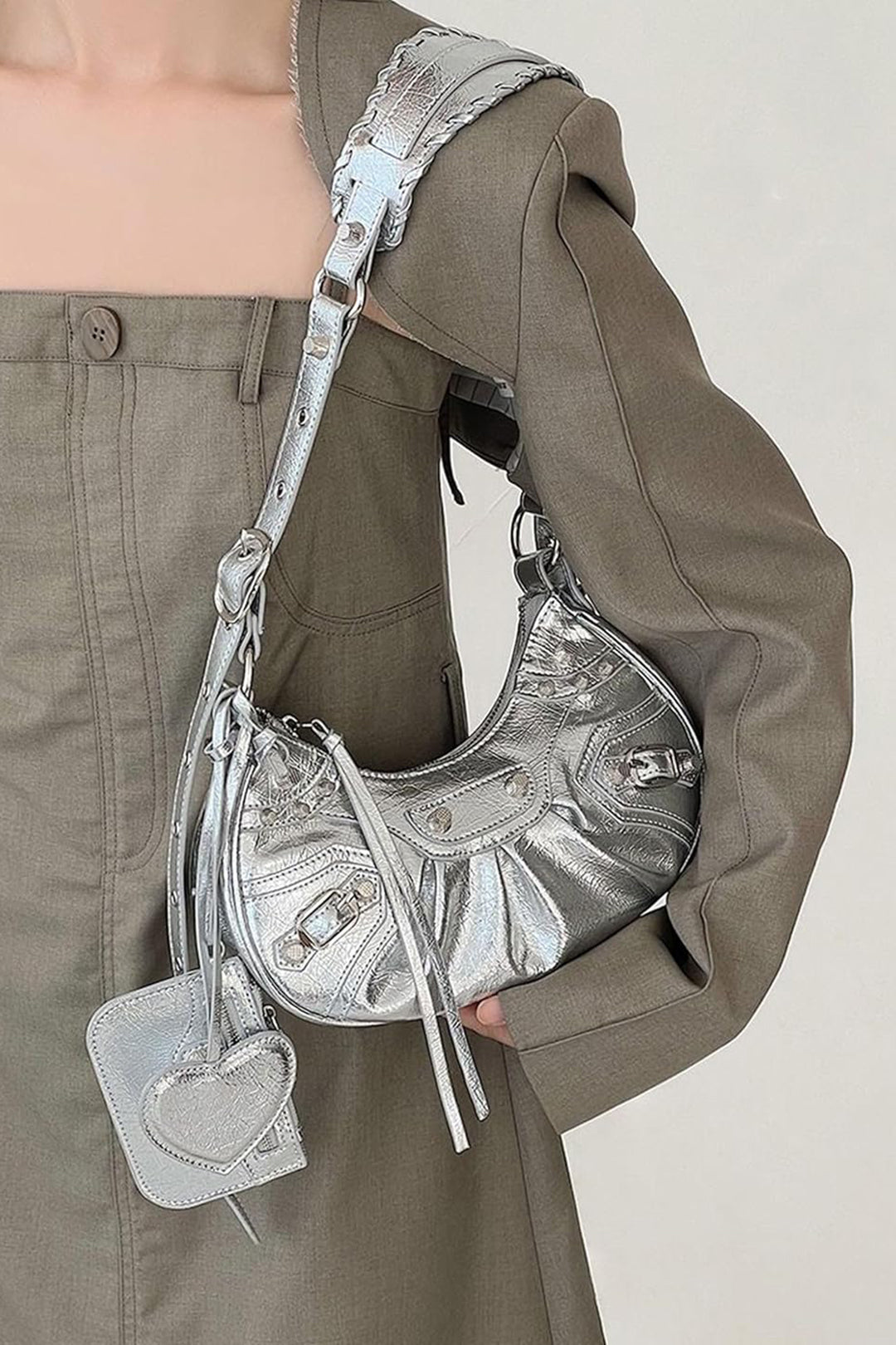 Rivet Metallic PU Leather Shoulder Bag - Y2K Aesthetic Chic for Stylish Outfits Rivet Metallic PU Leather Shoulder Bag - Y2K Aesthetic Chic for Stylish Outfits