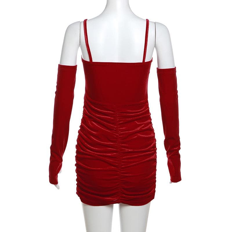 Ruched Backless Cami Mini Dress with Velvet Gloves - Y2K Fashion Statement Piece Ruched Backless Cami Mini Dress with Velvet Gloves - Y2K Fashion Statement Piece