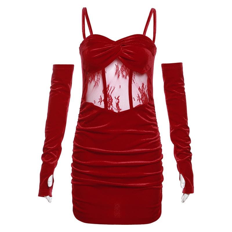 Ruched Backless Cami Mini Dress with Velvet Gloves - Y2K Fashion Statement Piece Ruched Backless Cami Mini Dress with Velvet Gloves - Y2K Fashion Statement Piece