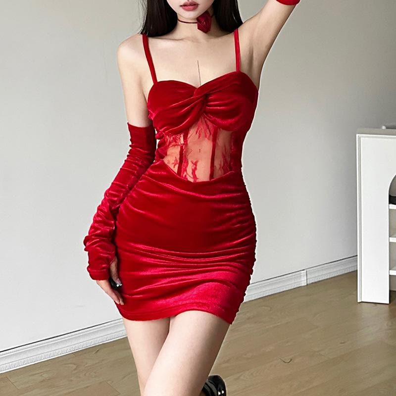 Ruched Backless Cami Mini Dress with Velvet Gloves - Y2K Fashion Statement Piece Ruched Backless Cami Mini Dress with Velvet Gloves - Y2K Fashion Statement Piece