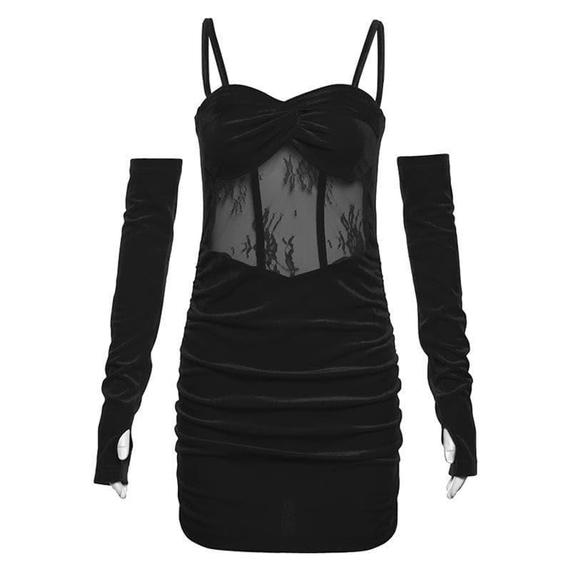 Ruched Backless Cami Mini Dress with Velvet Gloves - Y2K Fashion Statement Piece Ruched Backless Cami Mini Dress with Velvet Gloves - Y2K Fashion Statement Piece