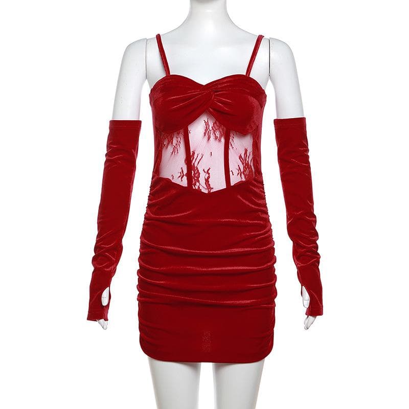 Ruched Backless Cami Mini Dress with Velvet Gloves - Y2K Fashion Statement Piece Ruched Backless Cami Mini Dress with Velvet Gloves - Y2K Fashion Statement Piece