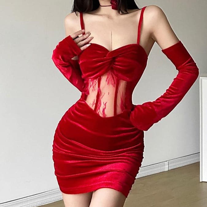 Ruched Backless Cami Mini Dress with Velvet Gloves - Y2K Fashion Statement Piece Ruched Backless Cami Mini Dress with Velvet Gloves - Y2K Fashion Statement Piece