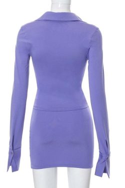 Ruched Button-Up Long Sleeve Mini Skirt Set in Solid Color - Y2K Fashion Essential