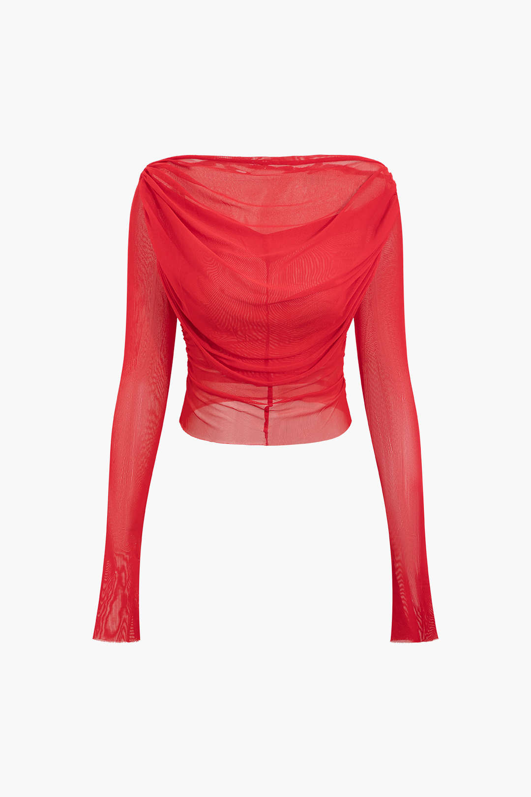 Ruched Mesh Boat Neck Long Sleeve Top - Y2K Fashion Essential for Aesthetic Outfits