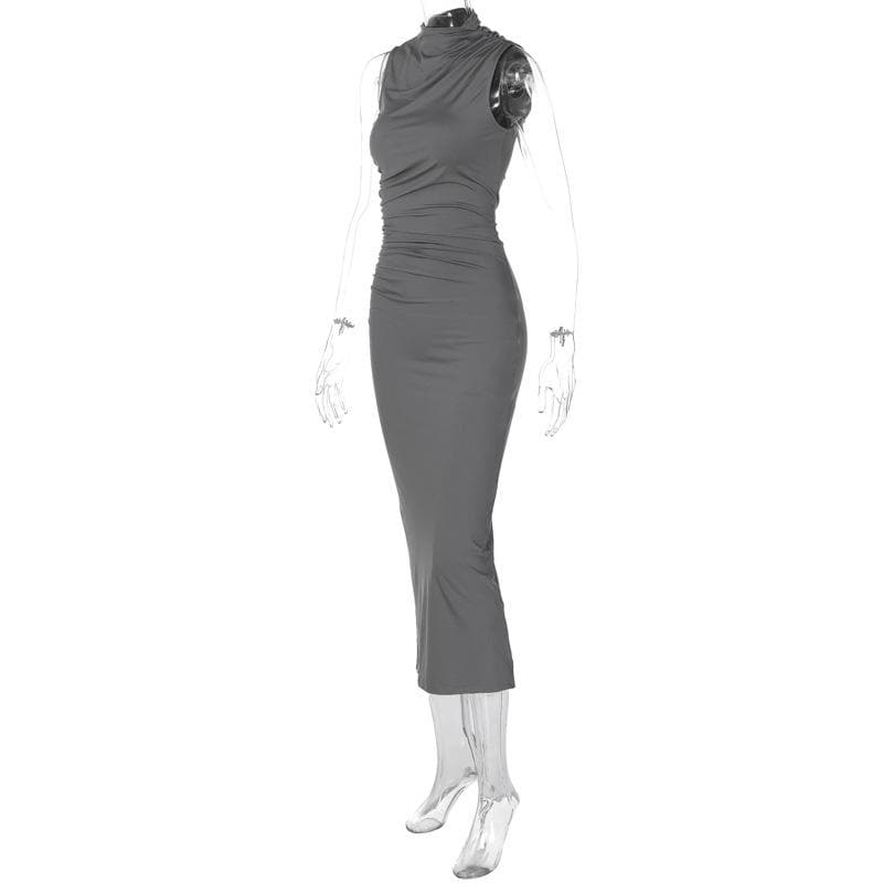 Ruched Solid Sleeveless Slit Midi Dress - Y2K Fashion Essential for Chic Aesthetic Outfits Ruched Solid Sleeveless Slit Midi Dress - Y2K Fashion Essential for Chic Aesthetic Outfits