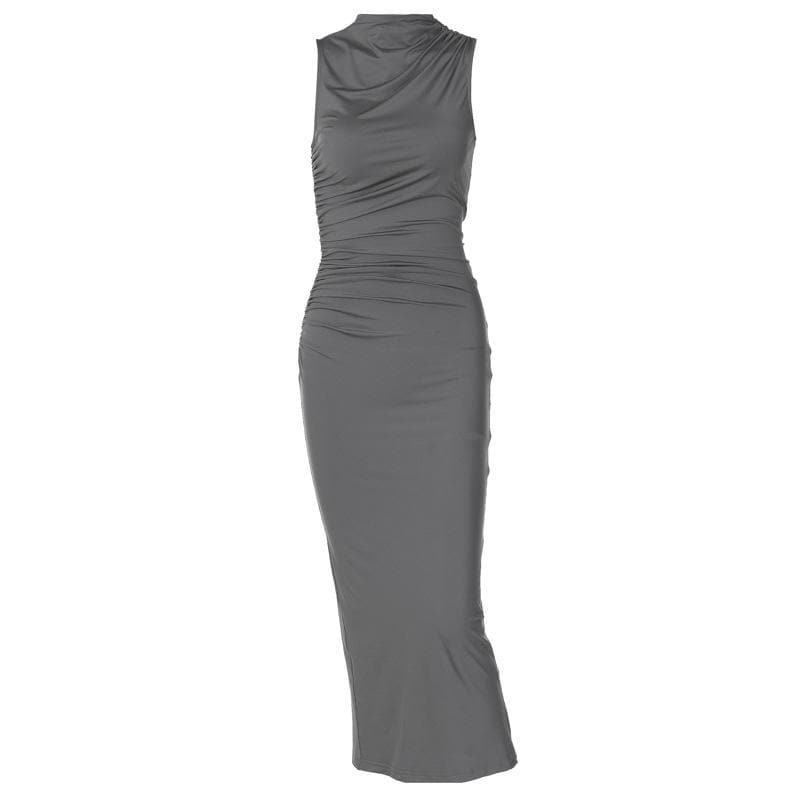 Ruched Solid Sleeveless Slit Midi Dress - Y2K Fashion Essential for Chic Aesthetic Outfits Ruched Solid Sleeveless Slit Midi Dress - Y2K Fashion Essential for Chic Aesthetic Outfits