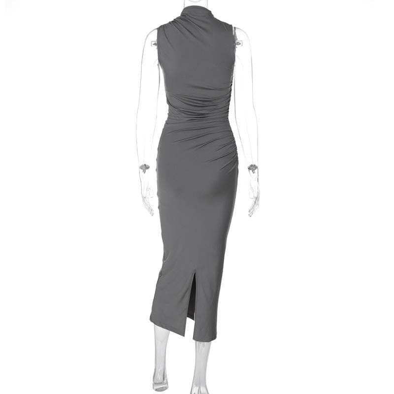 Ruched Solid Sleeveless Slit Midi Dress - Y2K Fashion Essential for Chic Aesthetic Outfits Ruched Solid Sleeveless Slit Midi Dress - Y2K Fashion Essential for Chic Aesthetic Outfits