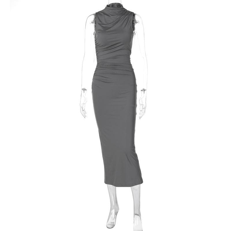 Ruched Solid Sleeveless Slit Midi Dress - Y2K Fashion Essential for Chic Aesthetic Outfits Ruched Solid Sleeveless Slit Midi Dress - Y2K Fashion Essential for Chic Aesthetic Outfits