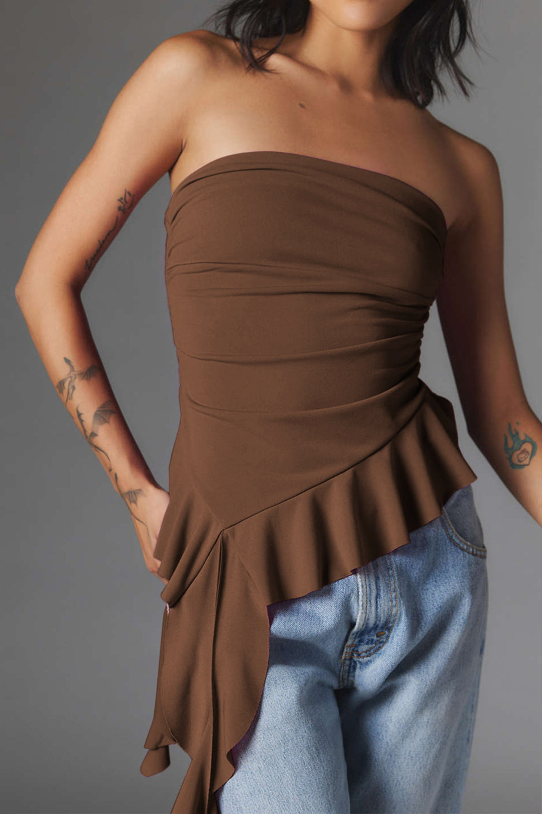 Ruffle Hem Strapless Top - Y2K Aesthetic Cute Crop Top for Coquette and Grunge Styles