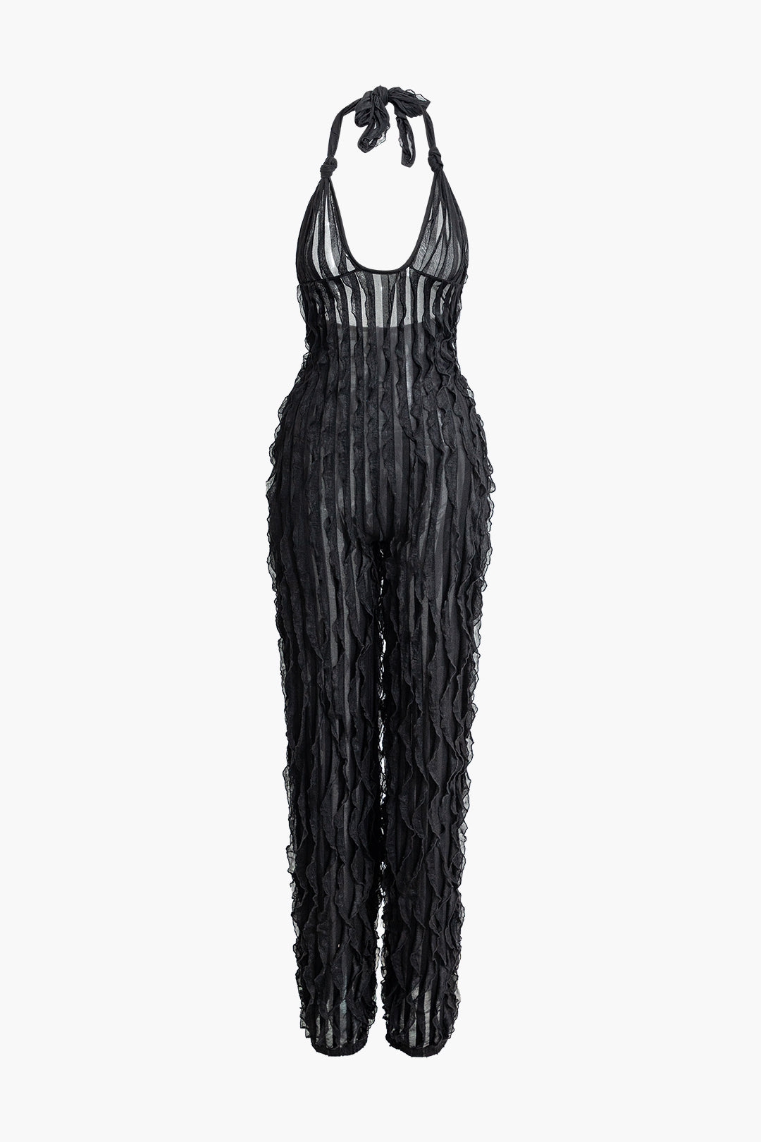 Ruffle Knot Halter Backless Jumpsuit - Y2K Aesthetic Fashion for Trendy Outfits