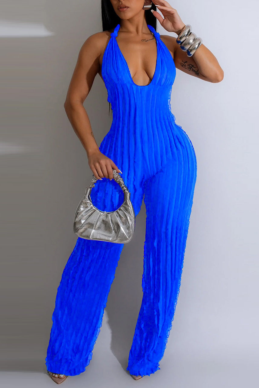Ruffle Knot Halter Backless Jumpsuit - Y2K Aesthetic Fashion for Trendy Outfits Ruffle Knot Halter Backless Jumpsuit - Y2K Aesthetic Fashion for Trendy Outfits