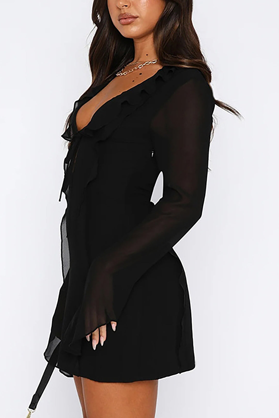 Ruffle Tie V-Neck Long Sleeve Mini Dress - Y2K Aesthetic Cute Dress for Stylish Outfits Ruffle Tie V-Neck Long Sleeve Mini Dress - Y2K Aesthetic Cute Dress for Stylish Outfits