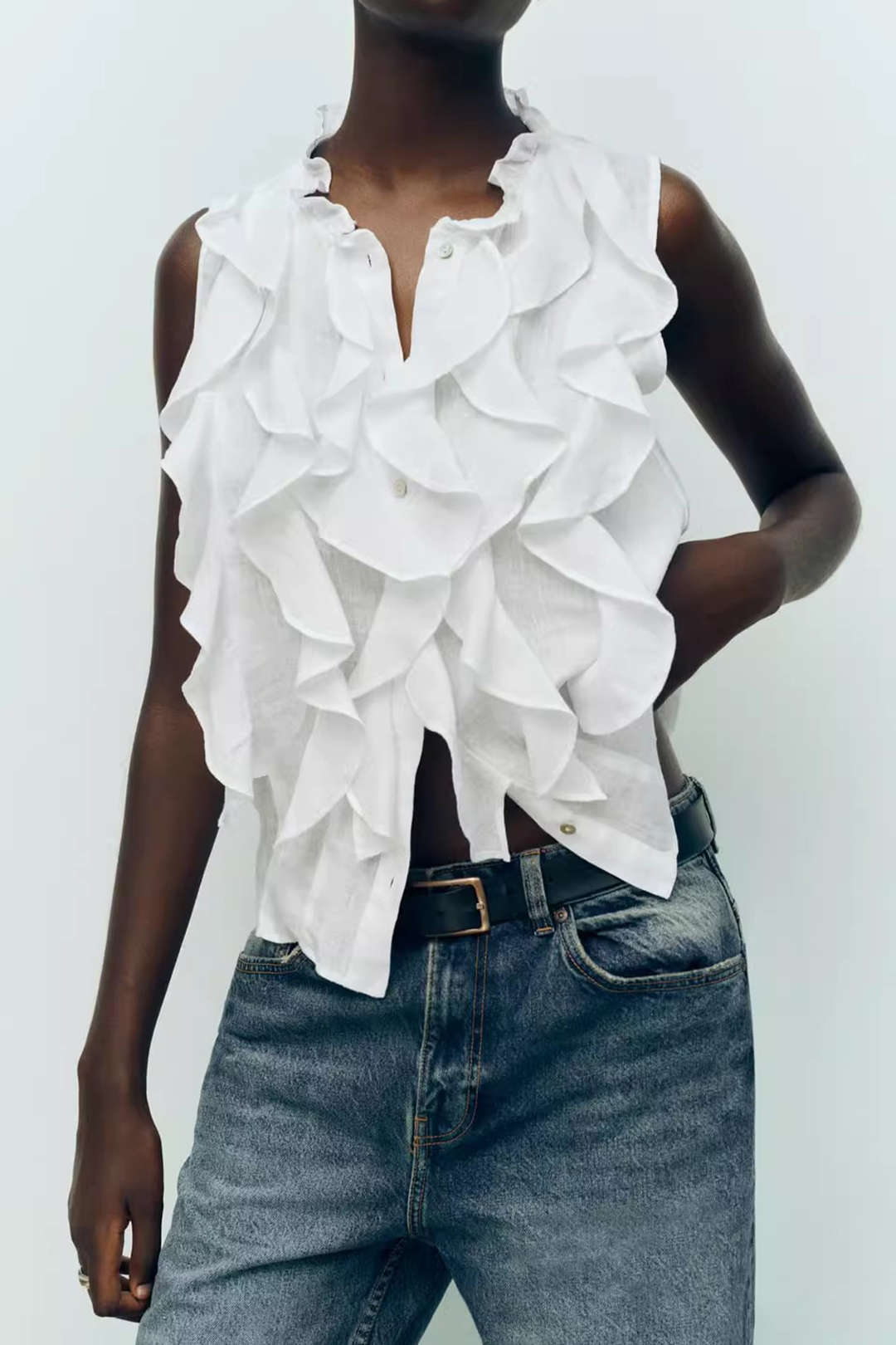 Ruffled Button-Up Sleeveless Top in Y2K Style for Cute Coquette Aesthetic Outfits