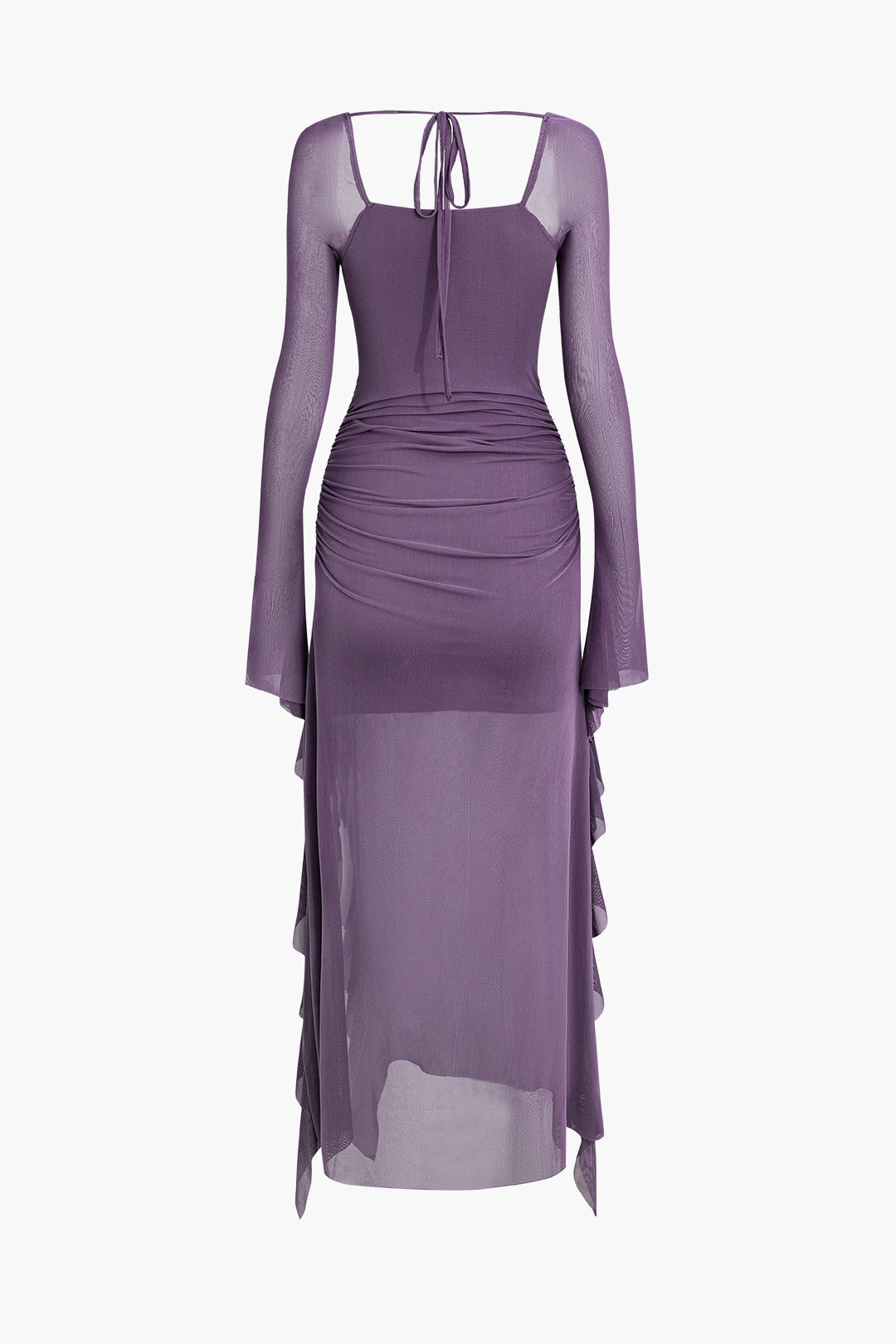 Ruffled Tie Square Neck Mesh Midi Dress - Y2K Aesthetic Ruched Style for Chic Outfits Ruffled Tie Square Neck Mesh Midi Dress - Y2K Aesthetic Ruched Style for Chic Outfits