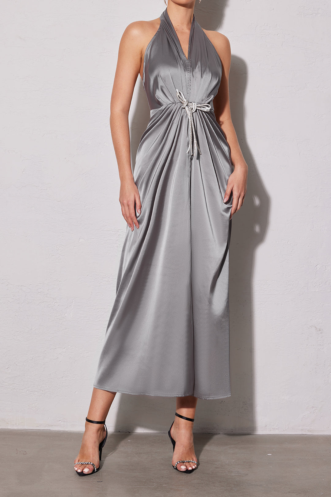 Satin Backless Halter V-Neck Ruched Maxi Dress with Tie - Y2K Aesthetic Evening Wear Satin Backless Halter V-Neck Ruched Maxi Dress with Tie - Y2K Aesthetic Evening Wear