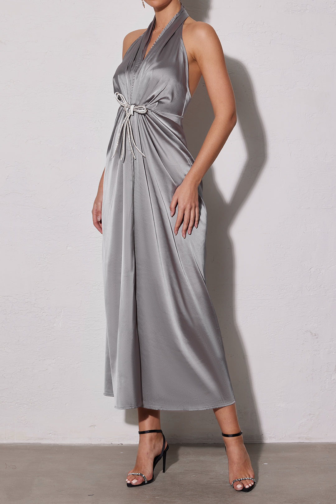 Satin Backless Halter V-Neck Ruched Maxi Dress with Tie - Y2K Aesthetic Evening Wear Satin Backless Halter V-Neck Ruched Maxi Dress with Tie - Y2K Aesthetic Evening Wear