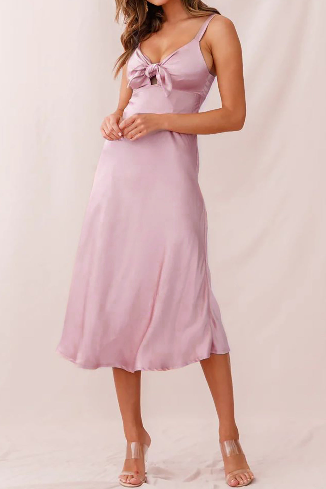 Satin Knot Front Cut-Out V-Neck Cami Midi Dress for Y2K Fashion & Coquette Aesthetic Satin Knot Front Cut-Out V-Neck Cami Midi Dress for Y2K Fashion & Coquette Aesthetic