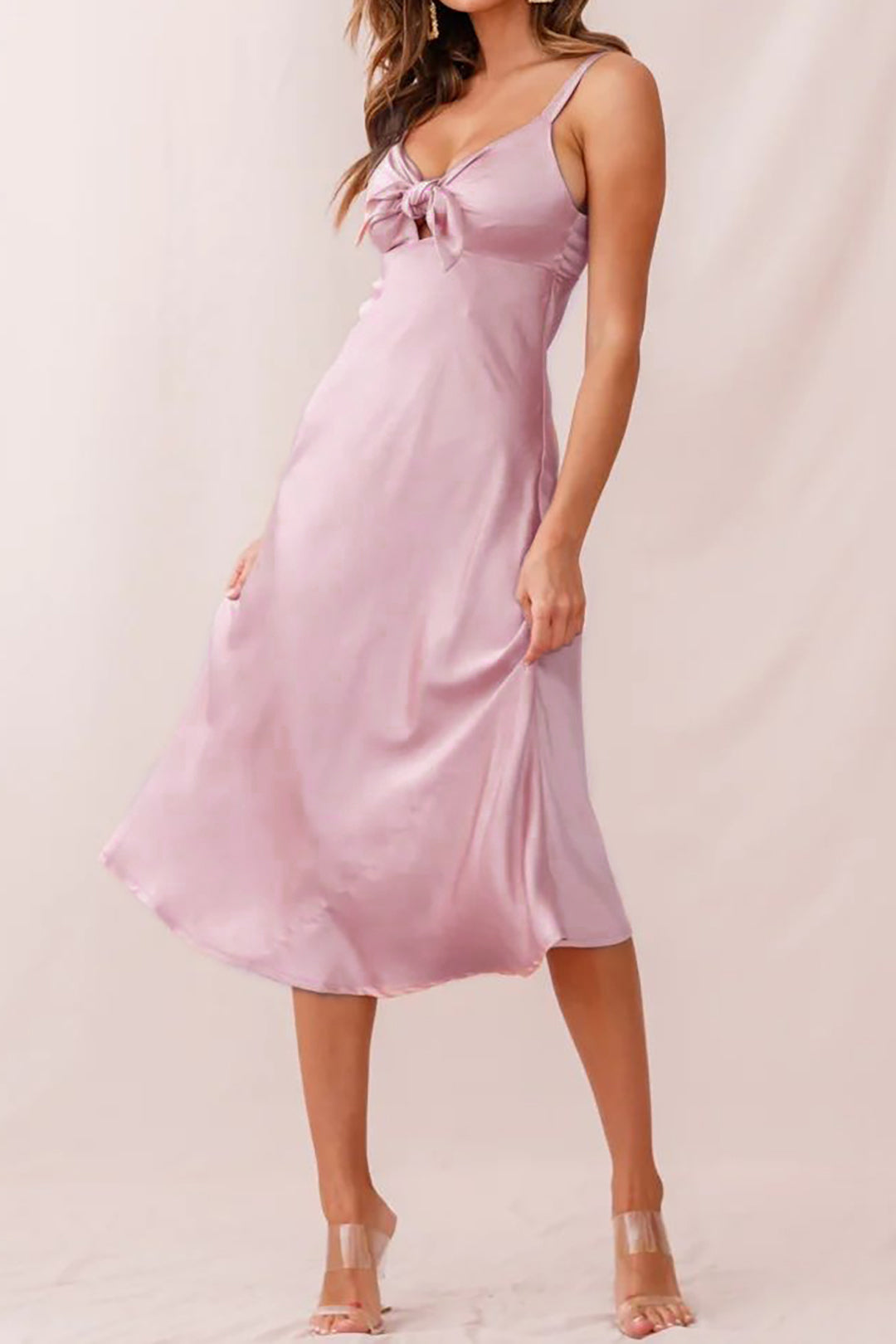 Satin Knot Front Cut-Out V-Neck Cami Midi Dress for Y2K Fashion & Coquette Aesthetic Satin Knot Front Cut-Out V-Neck Cami Midi Dress for Y2K Fashion & Coquette Aesthetic