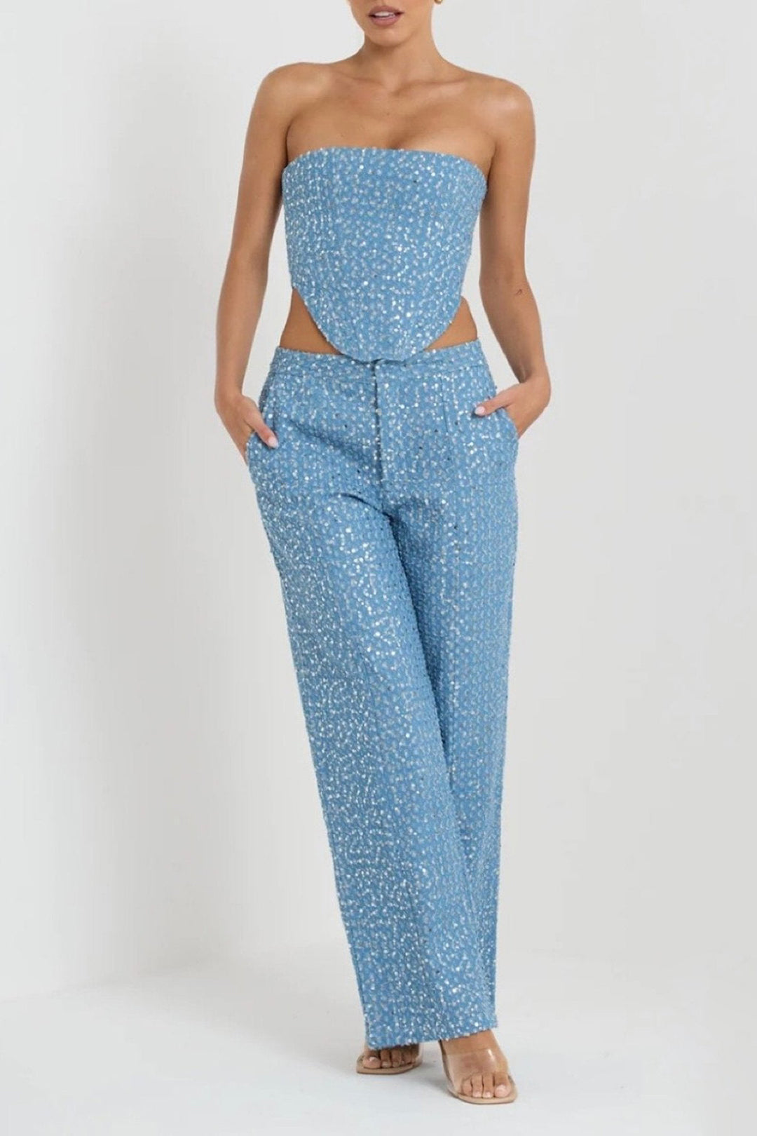 Sequin Destroyed Zipper Tube Top with High Waist Straight Leg Pants Set for Y2K Aesthetic Sequin Destroyed Zipper Tube Top with High Waist Straight Leg Pants Set for Y2K Aesthetic