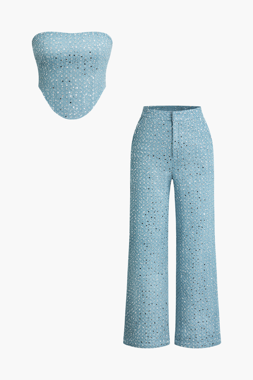 Sequin Destroyed Zipper Tube Top with High Waist Straight Leg Pants Set for Y2K Aesthetic Sequin Destroyed Zipper Tube Top with High Waist Straight Leg Pants Set for Y2K Aesthetic