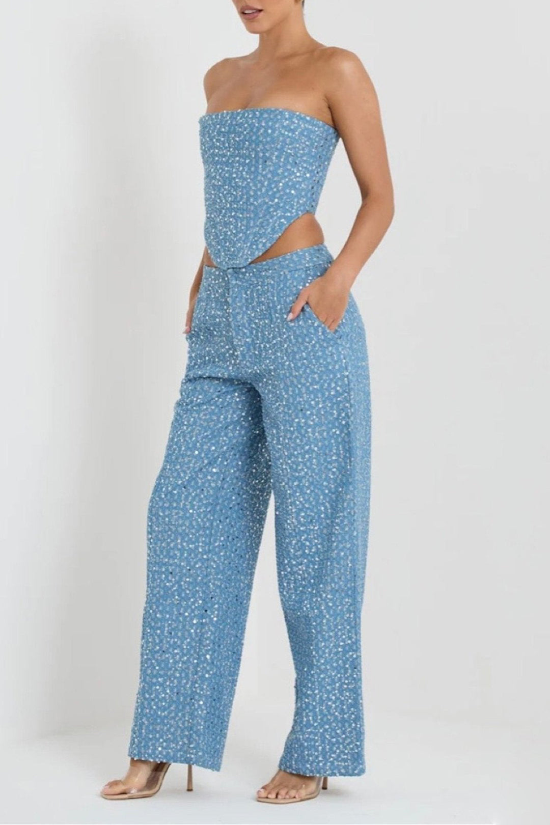 Sequin Destroyed Zipper Tube Top with High Waist Straight Leg Pants Set for Y2K Aesthetic Sequin Destroyed Zipper Tube Top with High Waist Straight Leg Pants Set for Y2K Aesthetic